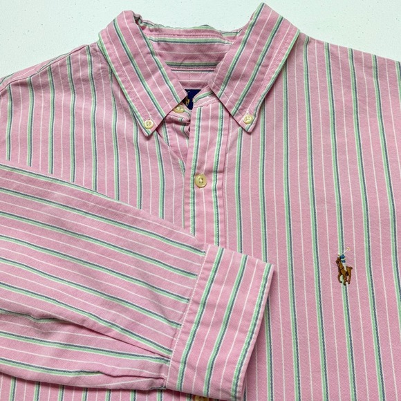 Ralph Lauren Shirt Mens Large Pink Green Striped Button Down Classic Oxford Pony - Picture 1 of 11